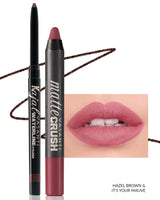 Vasanti Kajal Waterline Eyeliner Hazel Brown with swatch and Vasanti Matte Crush Lipstick Pencil with lip swatch shade It's Your Mauve - Front Shot