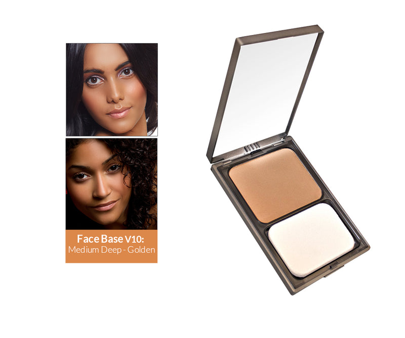 Vasanti Face Base Powder Foundation - Shade V10 Medium Deep Golden - Front shot with swatch