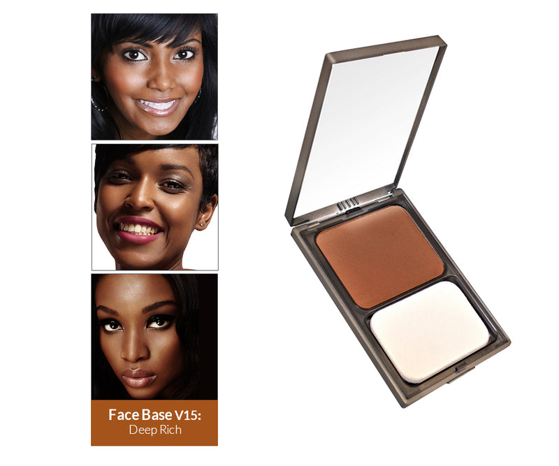 Vasanti Face Base Powder Foundation - Shade V15 Deep Rich - Front shot with swatch