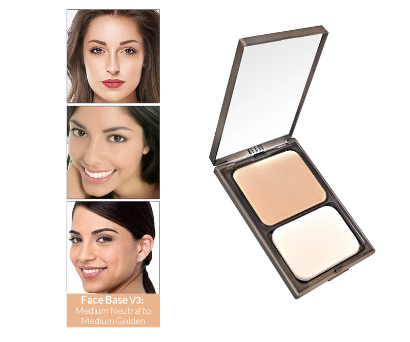 Vasanti Face Base Powder Foundation - Shade V3 Medium Neutral to Medium Golden - with front shot and swatch