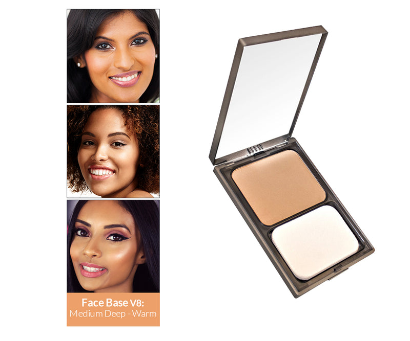 Vasanti Face Base Powder Foundation - Shade V8 Medium Deep Warm - Front shot with swatch