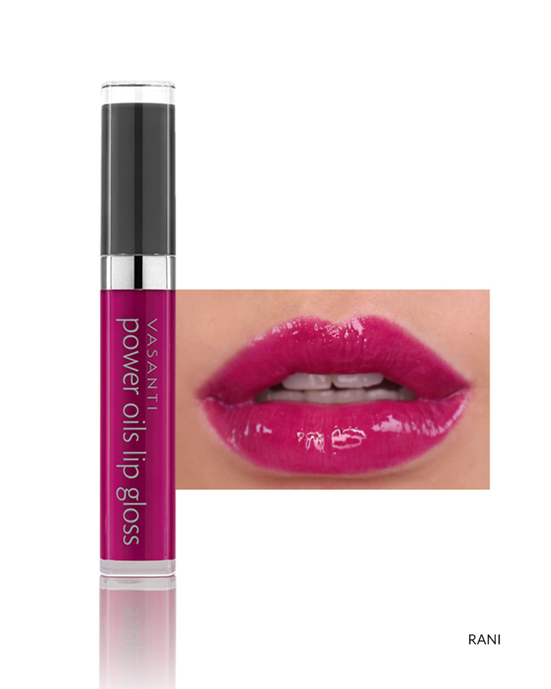 Vasanti Power Oils Lip Gloss - Shade Rain lip swatch and product front shot