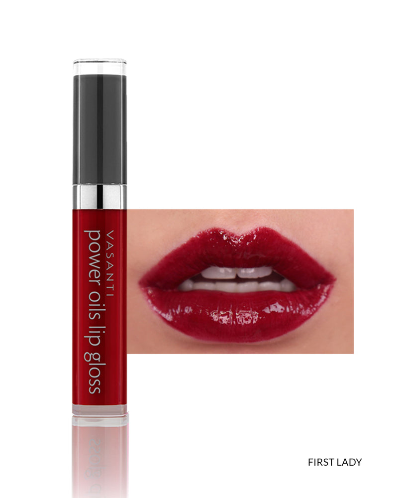 Vasanti Power Oils Lip Gloss - Shade First Lady lip swatch and product front shot