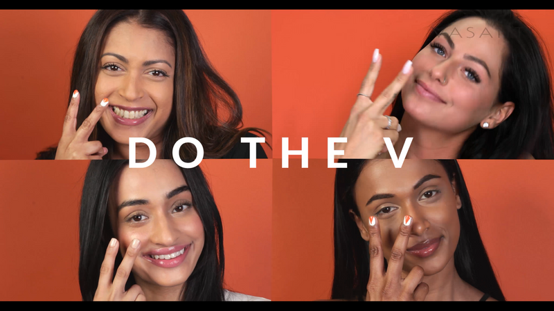 4 girls wearing Vasanti Liquid VO2 Dark Circle Eraser doing the V sign with text "Do The V"