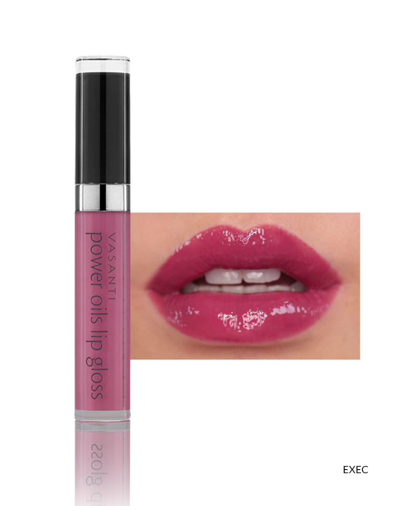 Vasanti Power Oils Lip Gloss - Shade Exec lip swatch and product front shot