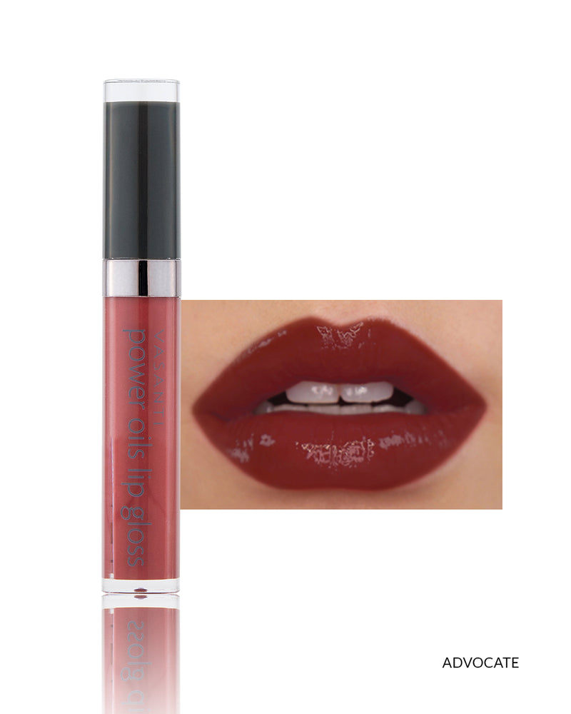 Vasanti Power Oils Lip Gloss - Shade Advocate lip swatch and product front shot