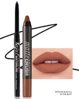 Vasanti Kajal Waterline Eyeliner Black with swatch and Vasanti Matte Crush Lipstick Pencil with lip swatch shade In The Buff - Front Shot