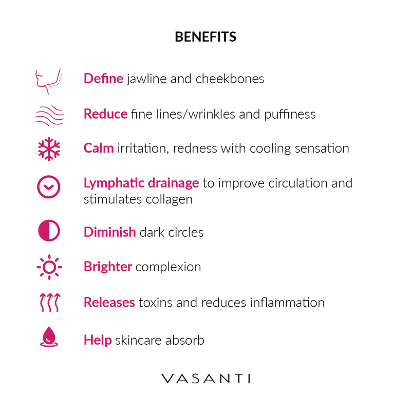 Vasanti Cosmetics Rose Quartz Roller & Gua Sha Tool - Benefits Infographics