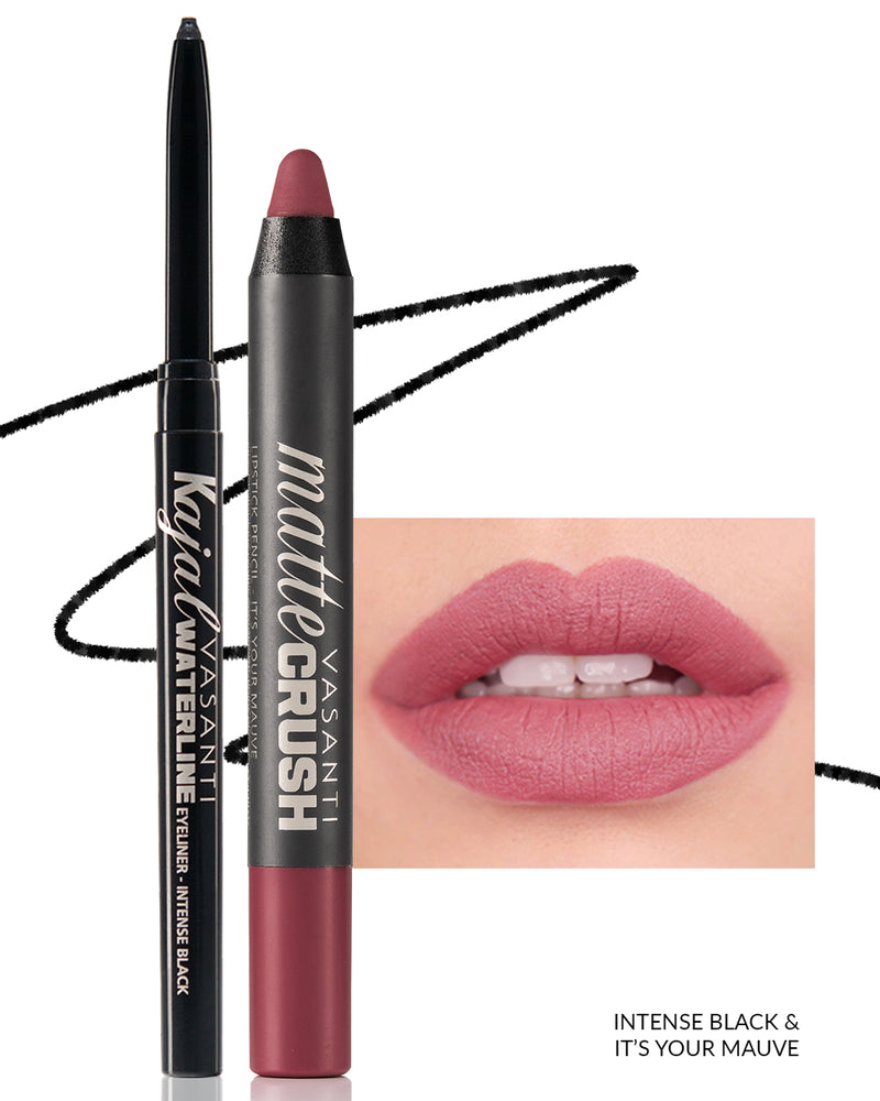 Vasanti Kajal Waterline Eyeliner Black with swatch and Vasanti Matte Crush Lipstick Pencil with lip swatch shade It's Your Mauve - Front Shot