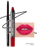 Vasanti Kajal Waterline Eyeliner Black with swatch and Vasanti Matte Crush Lipstick Pencil with lip swatch shade Red X - Front Shot