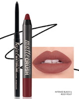 Vasanti Kajal Waterline Eyeliner Black with swatch and Vasanti Matte Crush Lipstick Pencil with lip swatch shade Rosy Pout - Front Shot