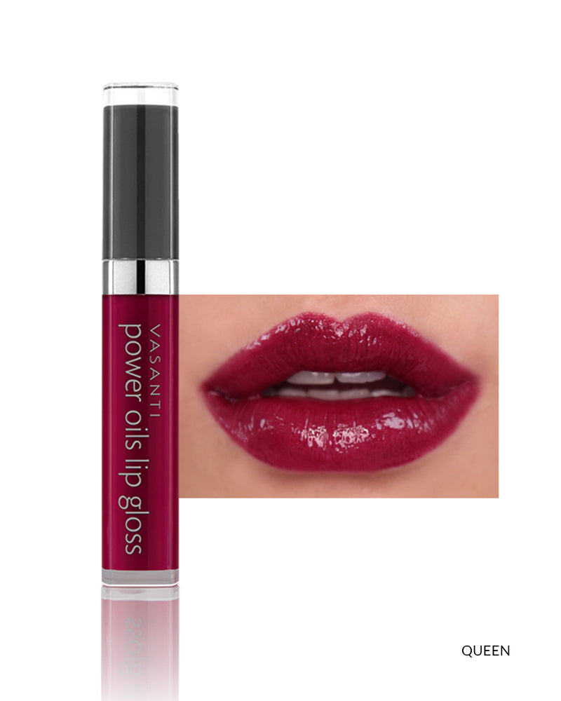 Vasanti Power Oils Lip Gloss - Shade Queen lip swatch and product front shot