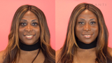 Model wearing Vasanti Face Base Powder Foundation - Before and after comparison