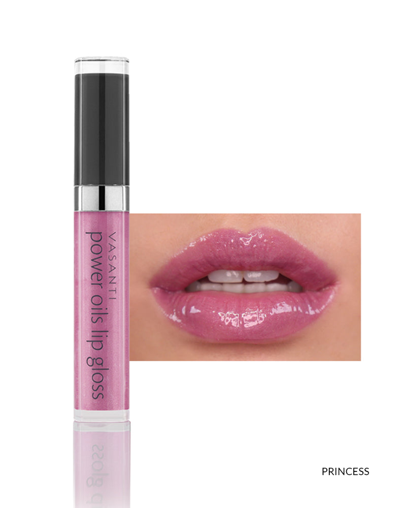 Vasanti Power Oils Lip Gloss - Shade Princess lip swatch and product front shot