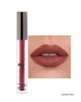 Vasanti Locked in Liquid Lipstick - Shade Committed lip swatch and product front shot