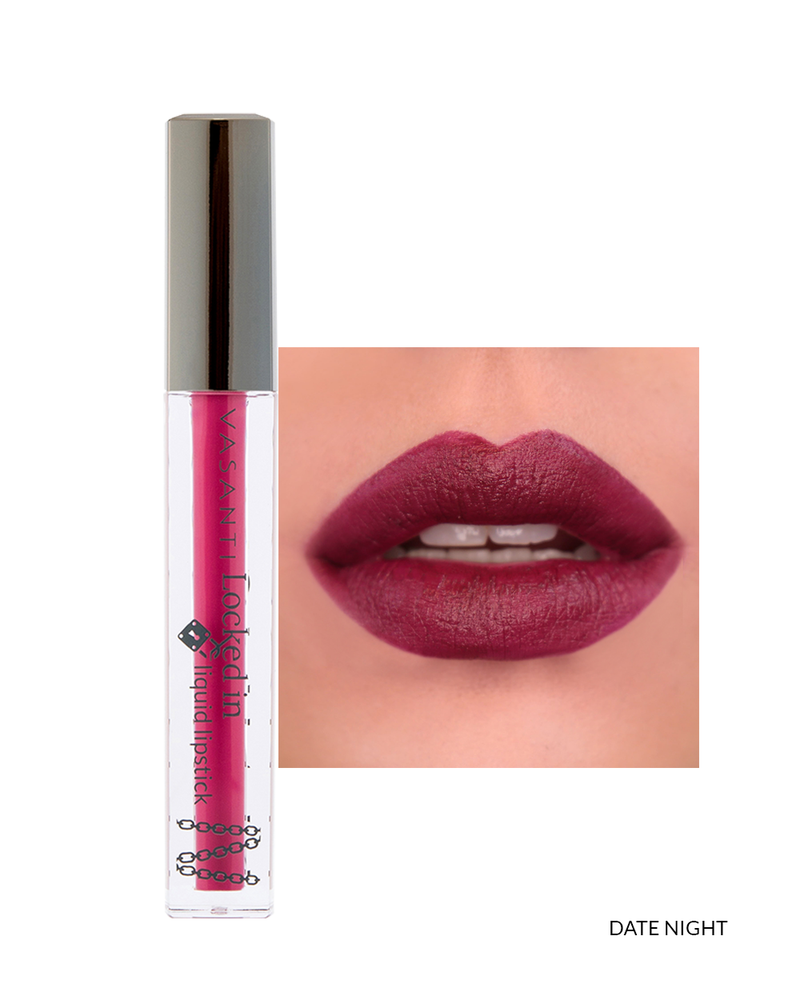 Vasanti Locked in Liquid Lipstick - Shade Date Night lip swatch and product front shot
