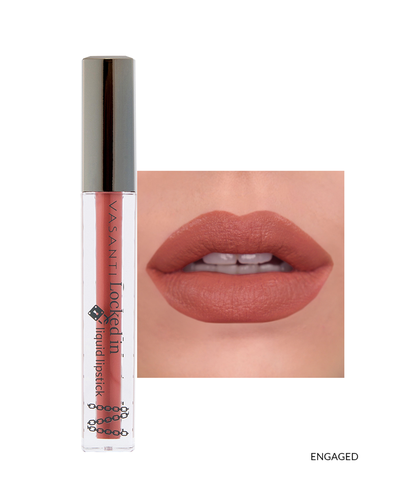 Vasanti Locked in Liquid Lipstick - Shade Engaged lip swatch and product front shot