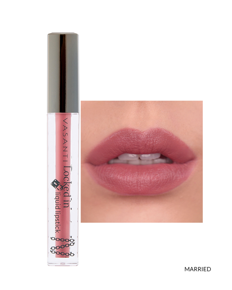 Vasanti Locked in Liquid Lipstick - Shade Married lip swatch and product front shot
